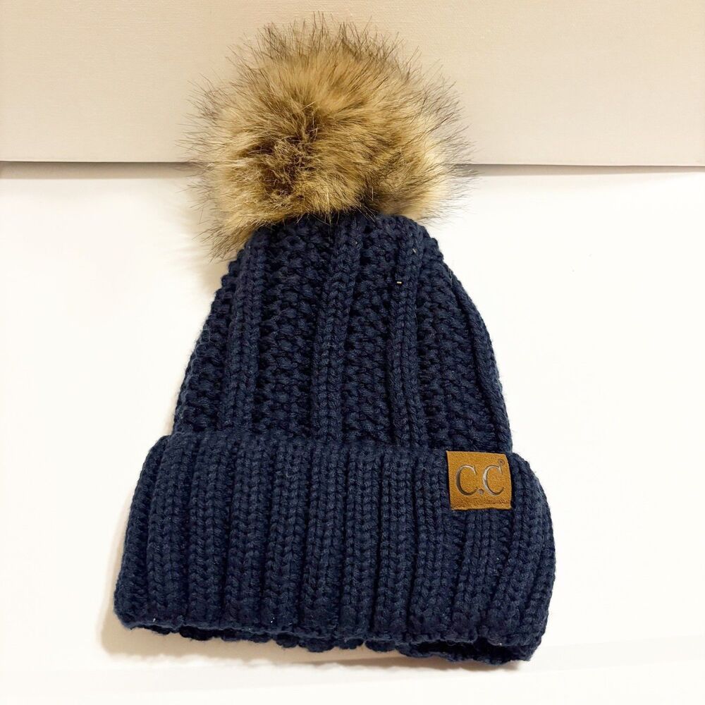 C.C Thick Cable Knit Faux Fuzzy Fur Pom Fleece Lined Skull Cap Cuff CC Beanie